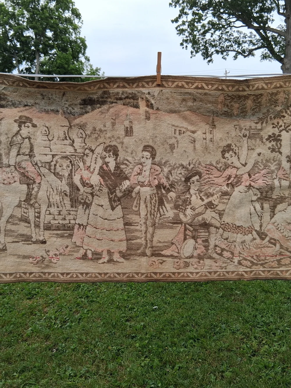Woven Tapestry Wall Hanging Vintage Scene in Beige and Brown